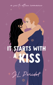 Book cover: An illustrated couple kiss tenderly in their space station uniforms. It Starts with a Kiss by JL Peridot.